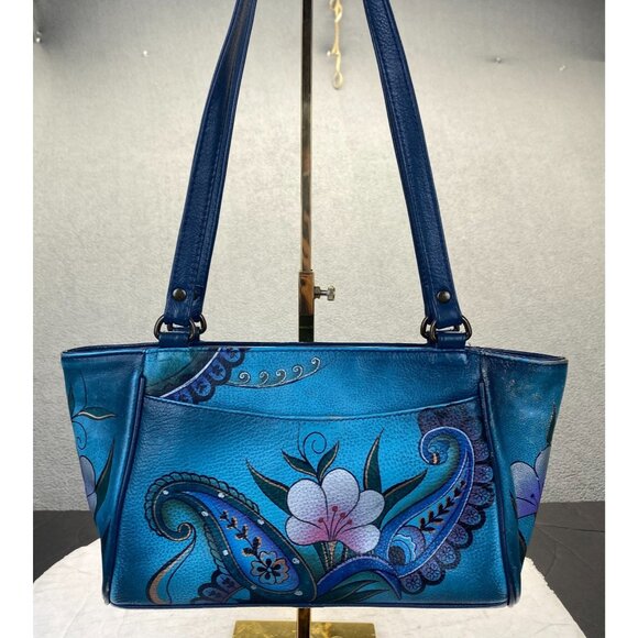 Gorgeous Anuschka Bag. Hand Painted Shoulder Bag. Blue And Rose Pattern. - Picture 2 of 16